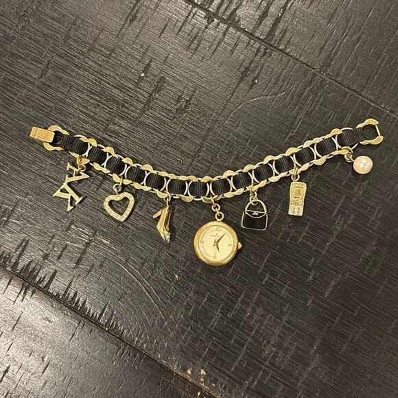 Anne Klein Charm Watch Bracelet Heart Black Ribbon Logo Bag Shoe Cell Gold​ - Picture 1 of 9